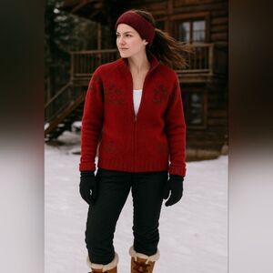 Woolrich Women Sz L Ruby Red Lambswool Zip Sweater Made in Japan Pinecone Charm